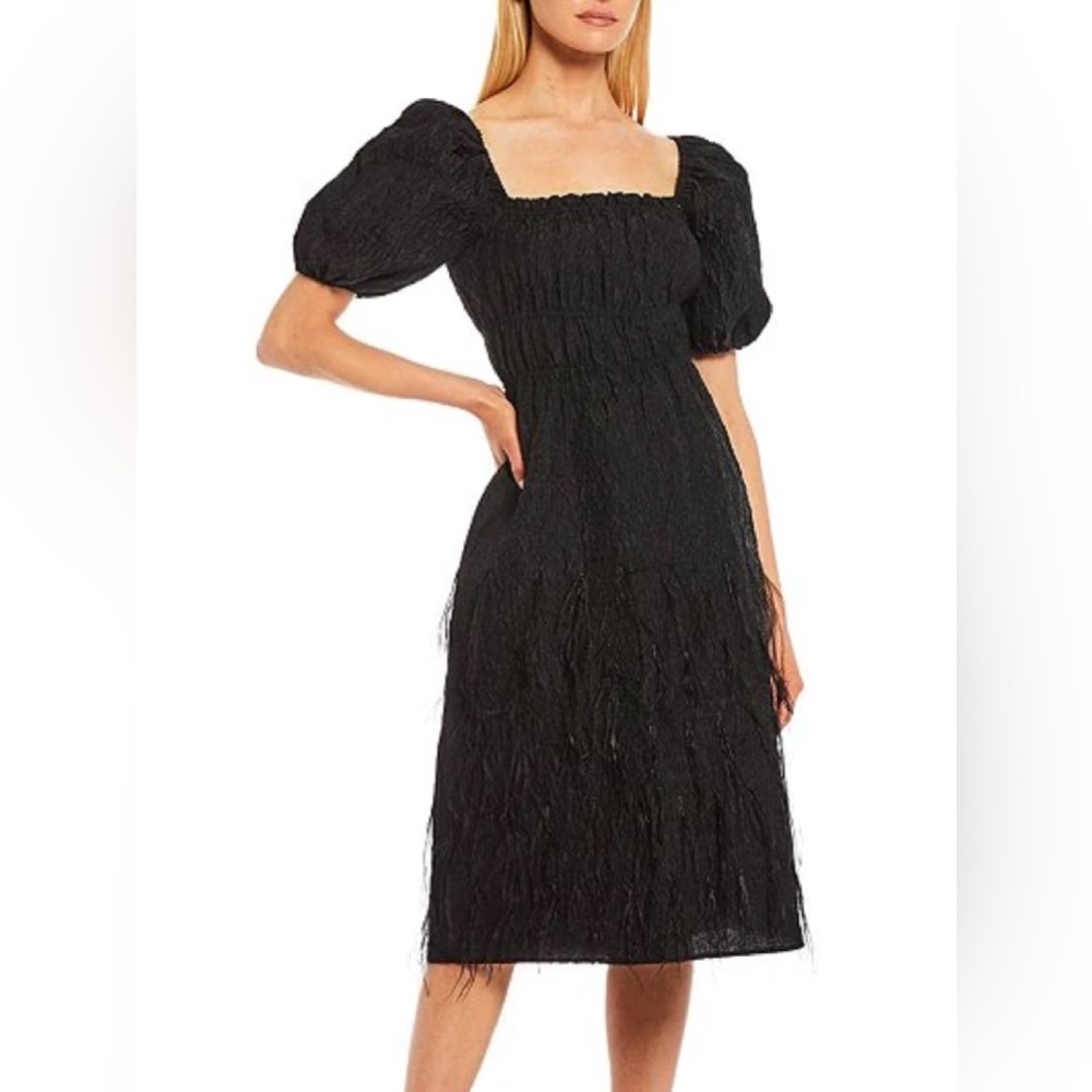ANTONIO MELANI Abigail Square Neck Smocked Feather Detail Midi Dress